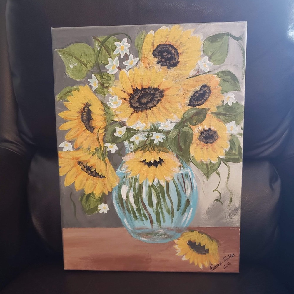 Sunflowers in blue vase 12 x 16 painting on canvas